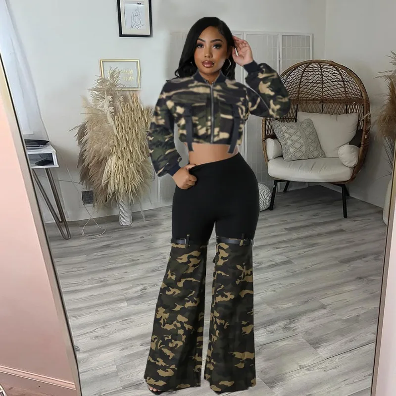 

Women Camouflage Denim Cargo 2 Piece Set Pockets Long Sleeve Zipper Jacket Crop Tops Patchwork PU Leather Belt Flare Pants Suits