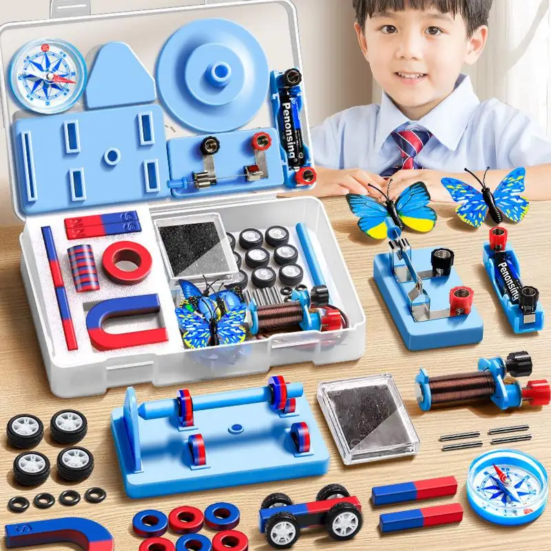1 مجموعة تجربة تعليمية مع شريط حلقة حدوة الحصان U شكل المغناطيس والبوصلة الجذعية علوم الفيزياء مجموعة المغناطيس للأطفال