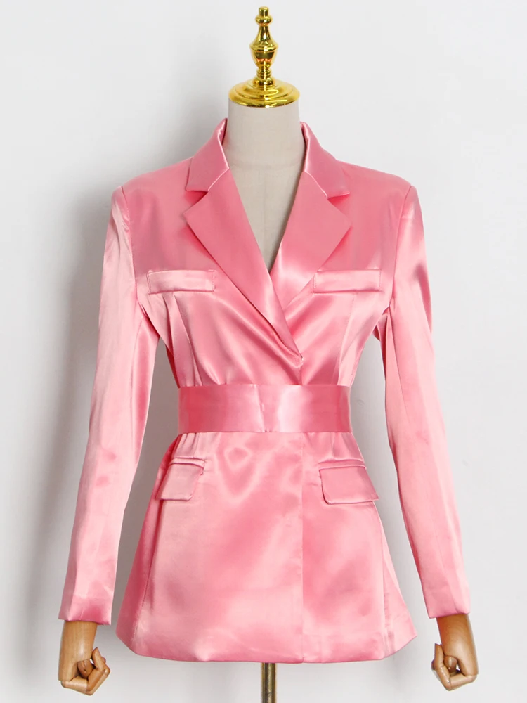 VGH Pink Korean Fashion Solid Blazer For Women Notched Collar Long Sleeve High Street Blazers Female Spring Fashion Clothing New