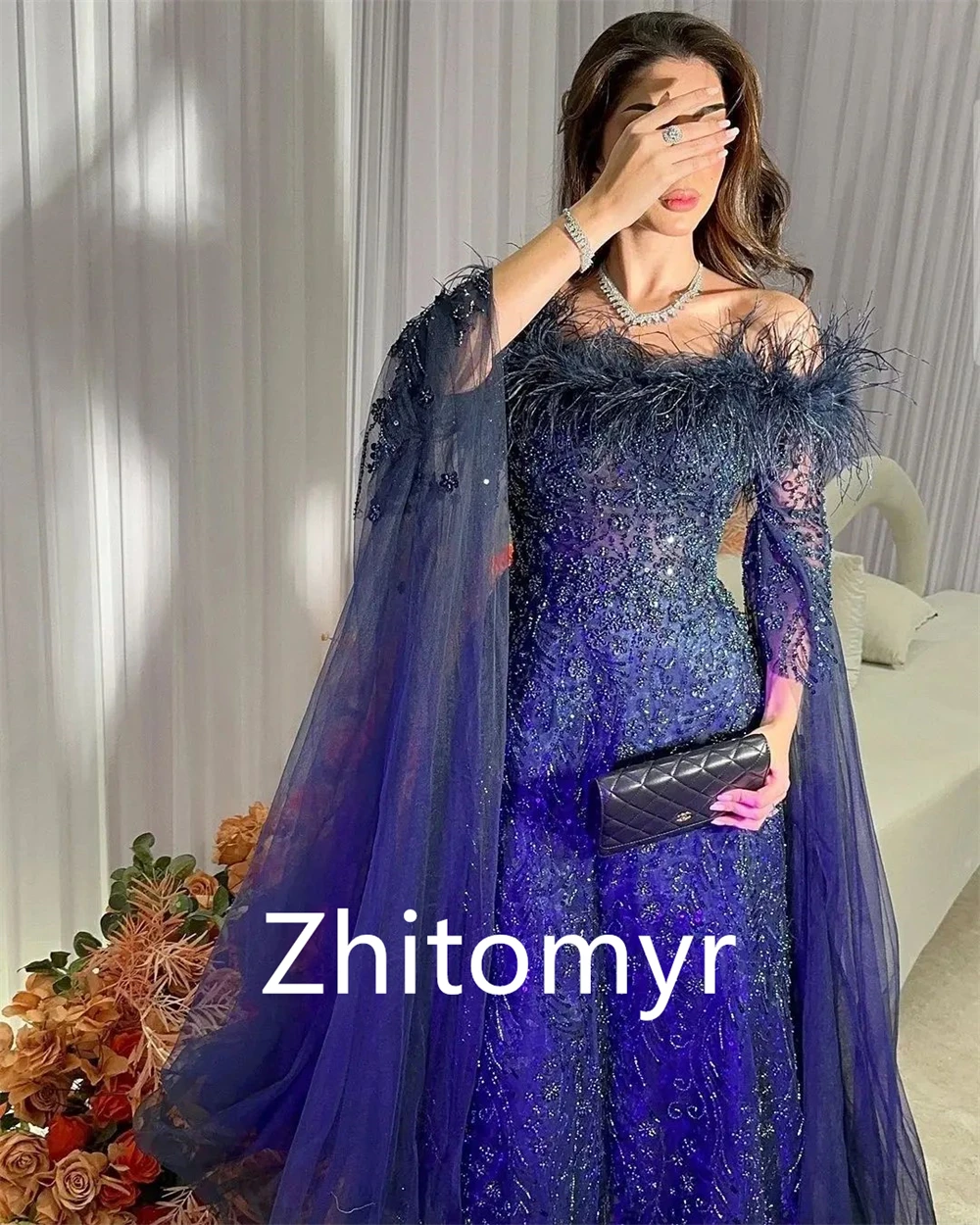 Customized Tulle Sequined Beading Feather Ruched Beach A-line Off-the-shoulder Bespoke Occasion Gown Long Dresses