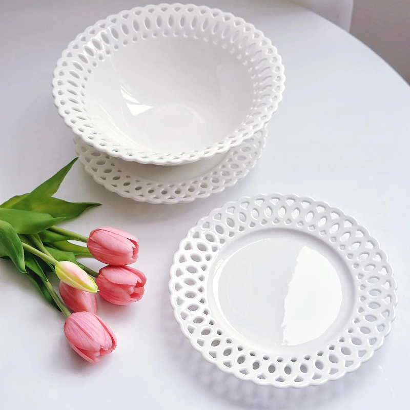 

White Porcelain Hollow Out Tableware Set Lace Edge Plate Bowl Home Kitchen Dessert Fruit Plate Salad bowl,Decorative Dinnerware