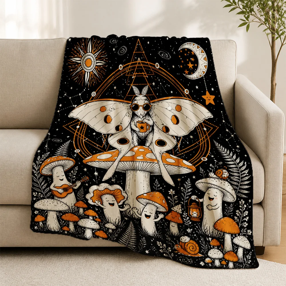 Bohemian Mushroom Pattern Throw Blanket Witchy Cottagecore Psychedelic Gothic Boho Occult Celestial Stars Moon Cozy Couch Throw