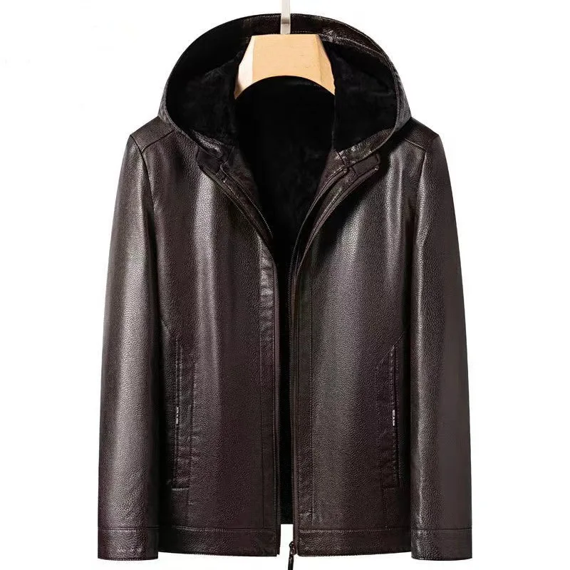 Casual Windproof and Warm Winter Leather Coat Hooded Fleece Inner Lining Men's Leather Jacket Black Brown Large Size 4XL