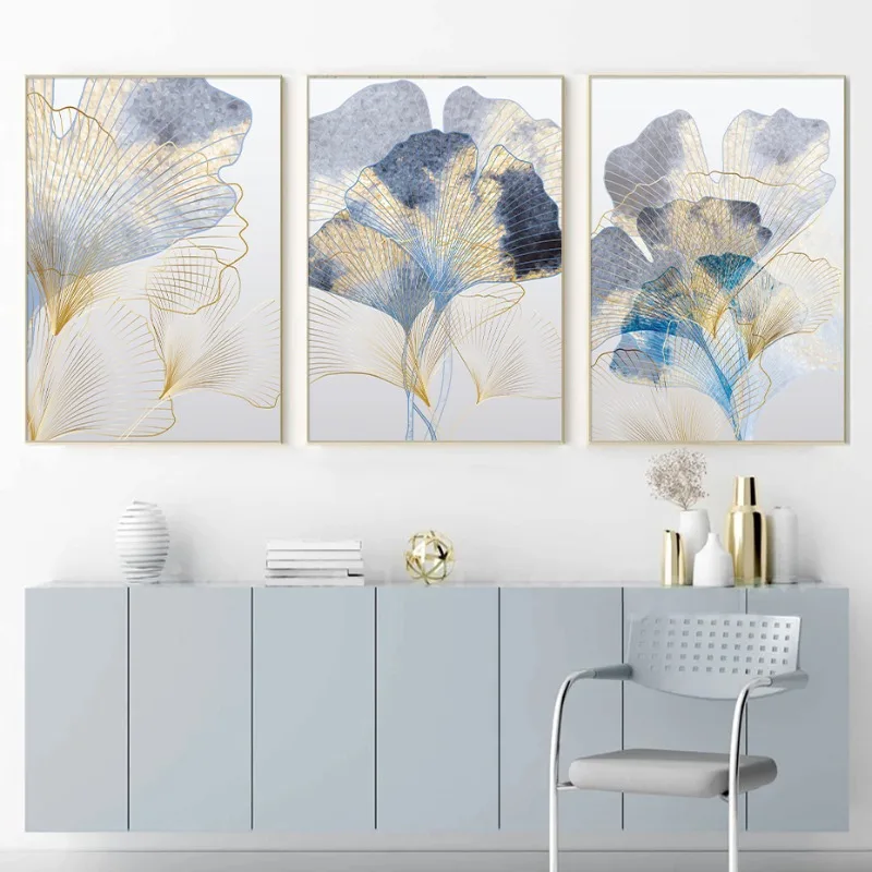 Abstract Boho Ginkgo Leaf Gold Grey Blue Posters and Prints Modern Minimalist Canvas Painting Wall Art Picture Living Room Decor