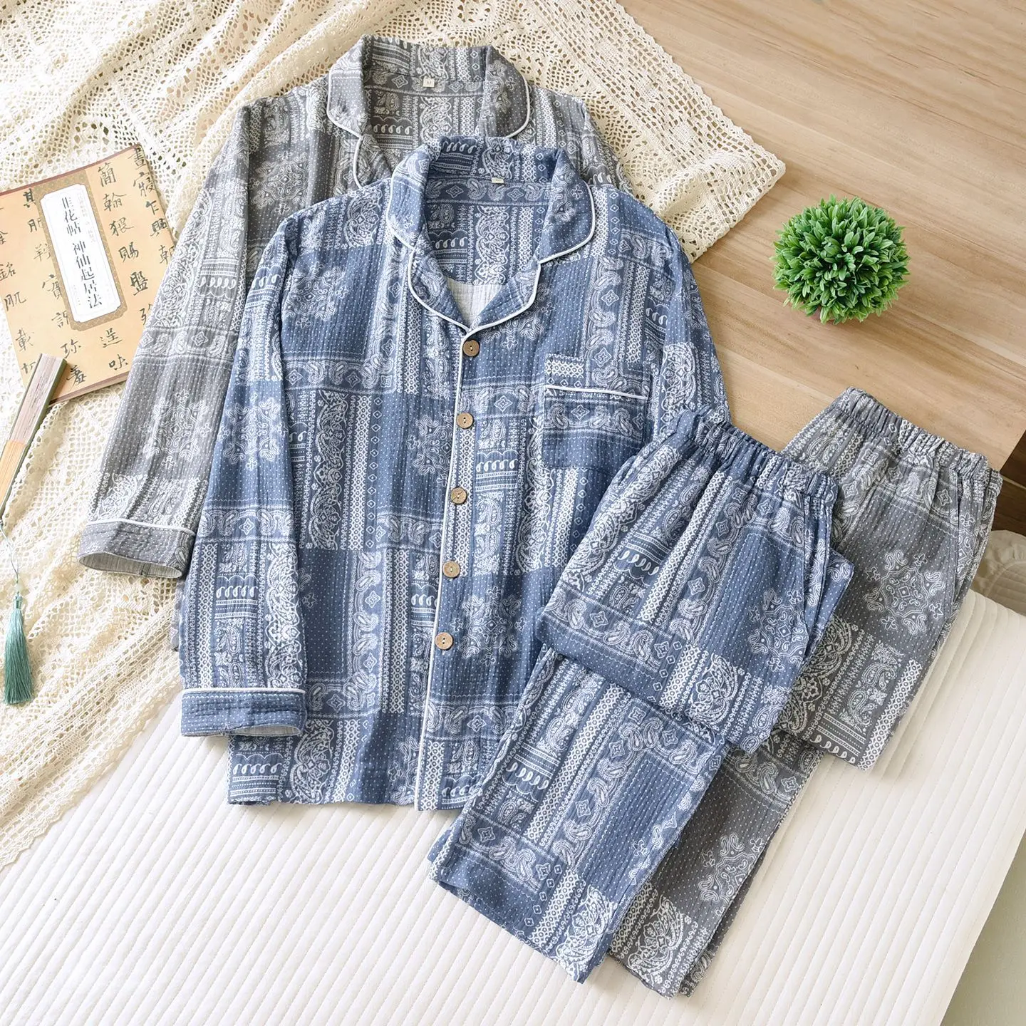 Cotton Gauze Paisley Printed Men's Sleepwear Clothes Spring Autumn Long Sleeved Shirt Pants Loose Oversized Home Suit