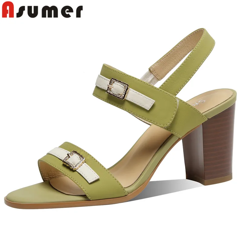 

ASUMER 2024 New Genuine Leather Mixed Colors Shoes Thick High Heels Slingbacks Sandals Office Ladies Buckle Sandals Women