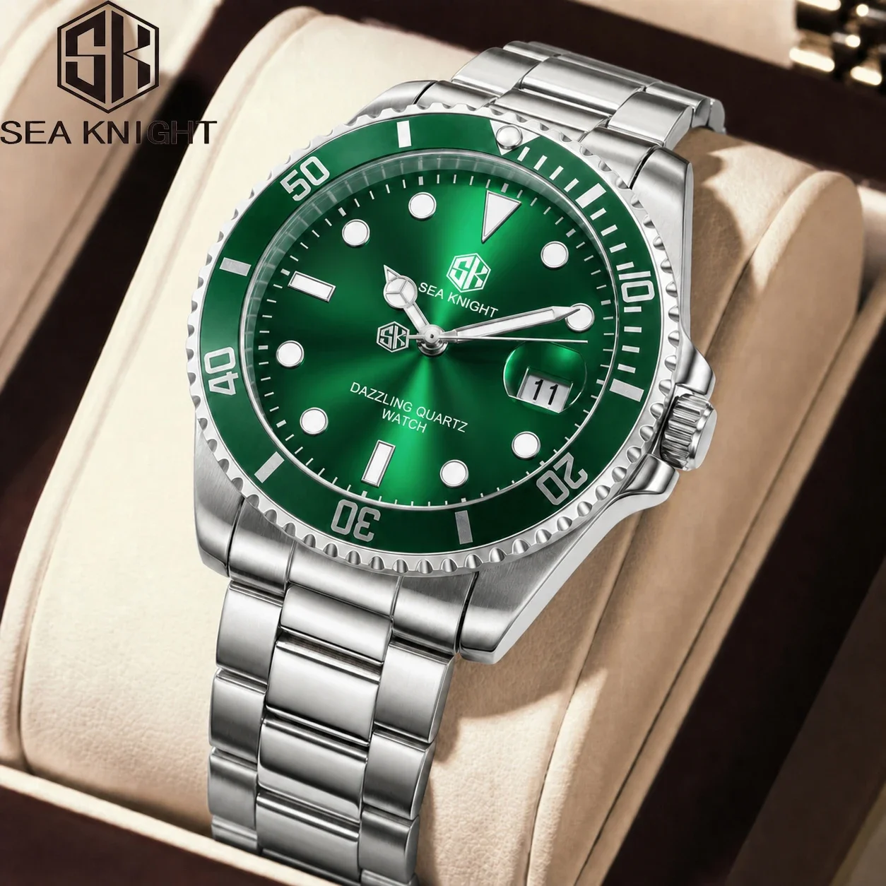 SEA KNIGHT SK5885 Chic Man Business Watch Fashion Steel Strap Rotatable Bezel Luminous Date Display 3Bar Waterproof Quartz Watch