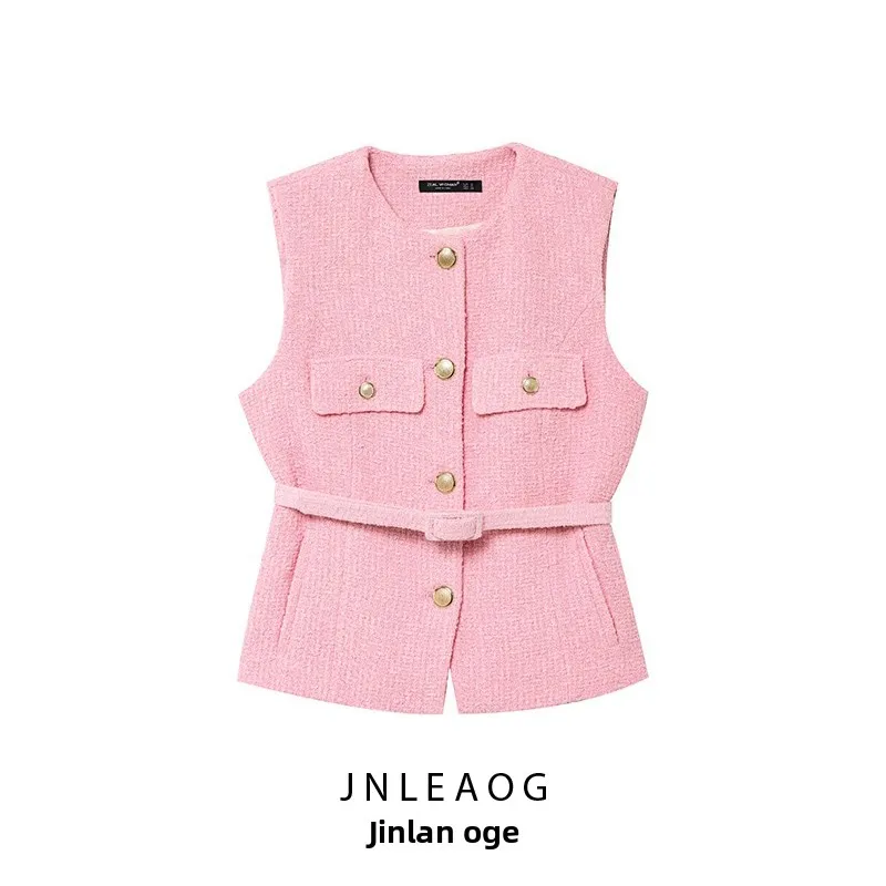 

JNLEAOG Spring New Women's Faion Textured Vest with Belt Straight Cut Svel Polyester Fiber round Ne Regular Length