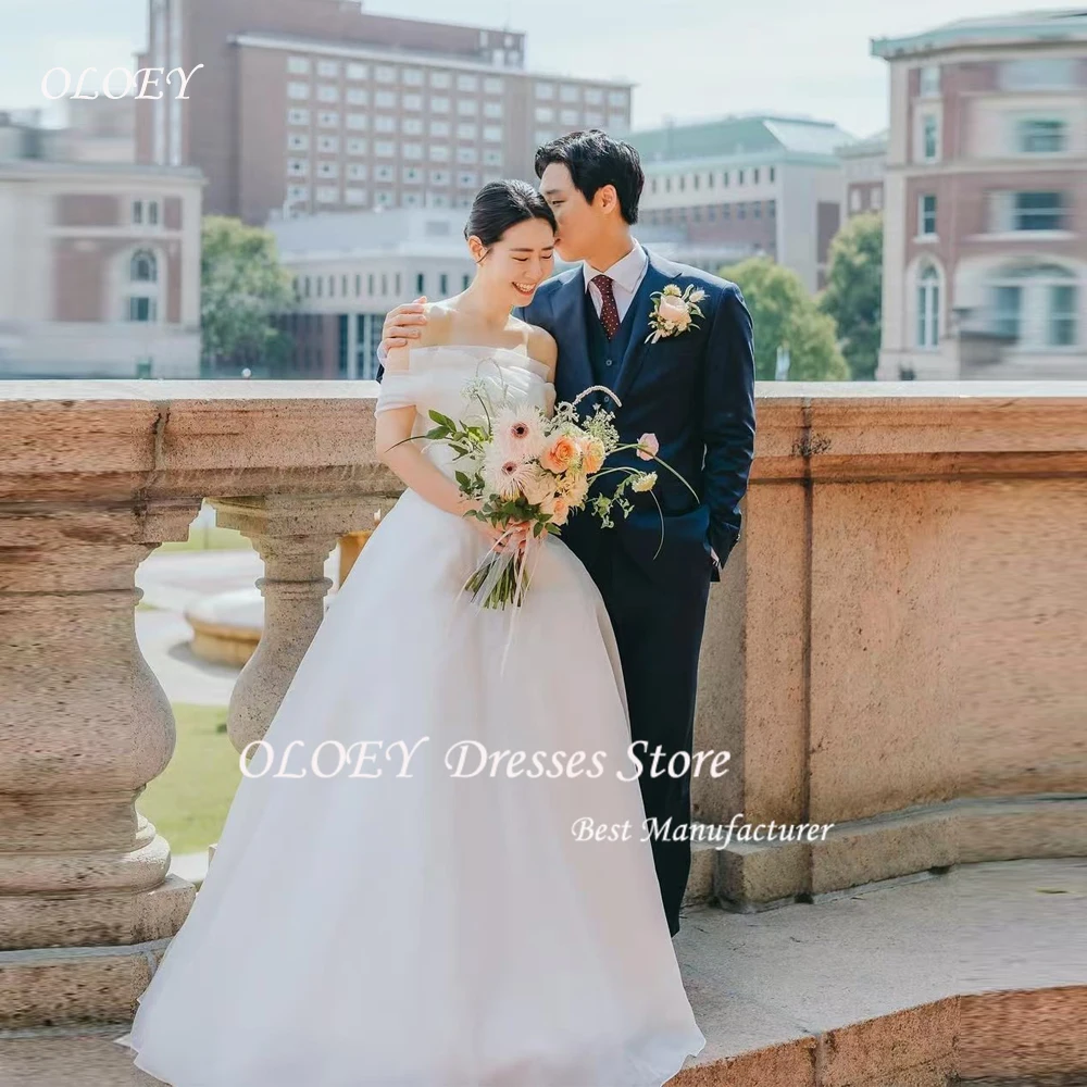 

OLOEY Korea White Wedding Dresses Photo Shoot Off the Shoulder Pleat Bridal Gown High Waist Elegant Ball Gown Customized