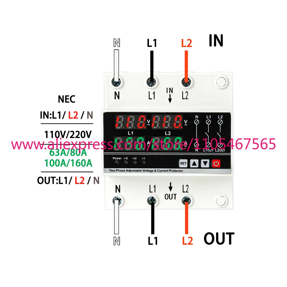 1PCS Single Phase Three Wire (Split Phase) AC 63A 150A 110V L L N Automatic Over/Under Voltage Adjustable Protector 120V 60HZ