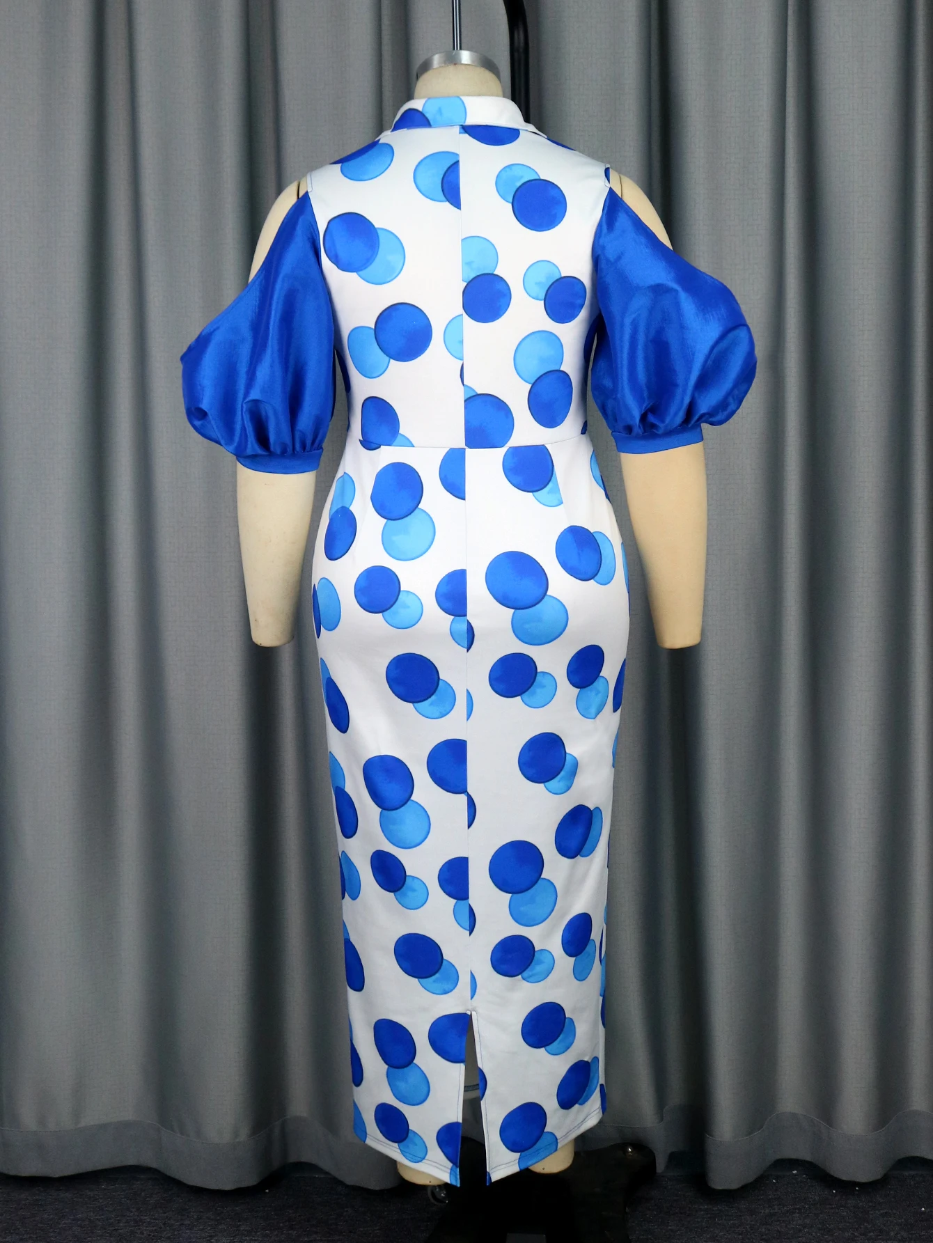 Elegancka damska sukienka wieczorowa Plus Size Blue Polka Dot Puff Sleeve Mesh Patchwork Bodycon Formal Celebrate Birthday Gown New