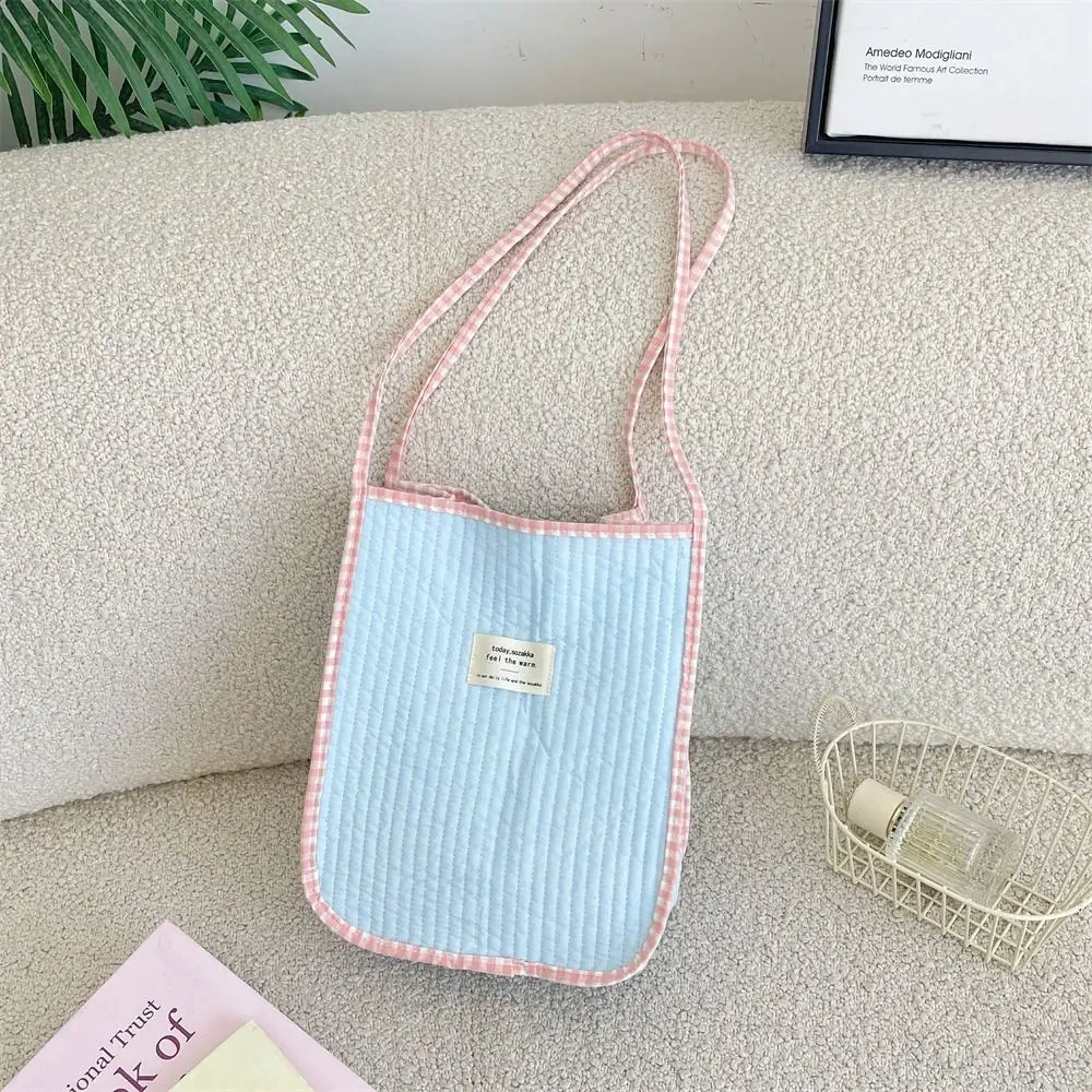 Casual Macaron Colors Shoulder Bag Multicolor Grid Strip Handle Tote Bag Quilted Design Large Capacity Handbag Travel Supplies