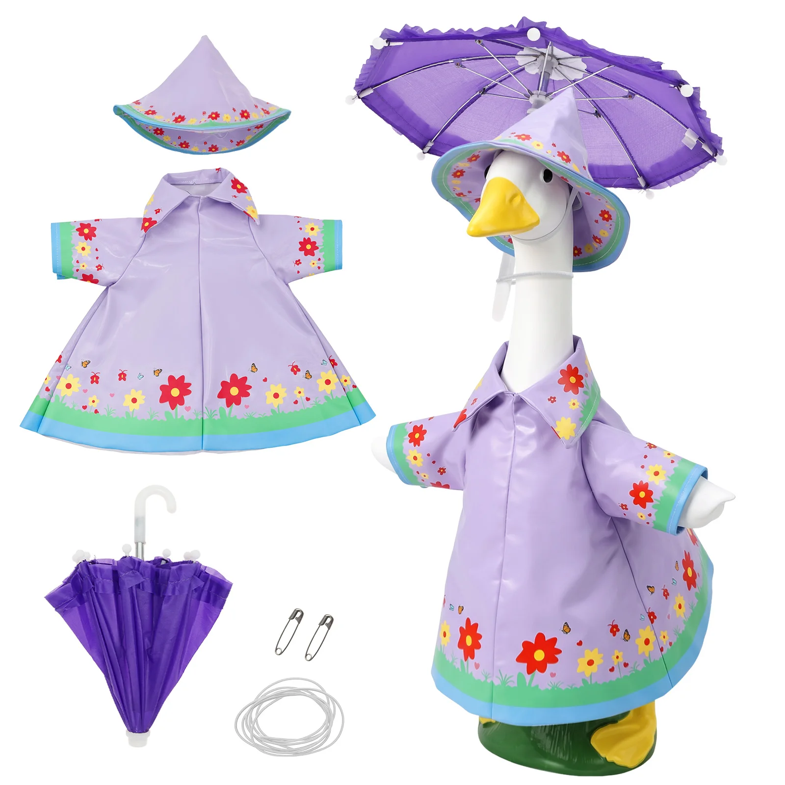 23'' Raincoat Porch Goose Outfit Waterproof Lawn Goose Costume Decorative Garden Goose Statue Clothes Dress Up with Umbrella Hat