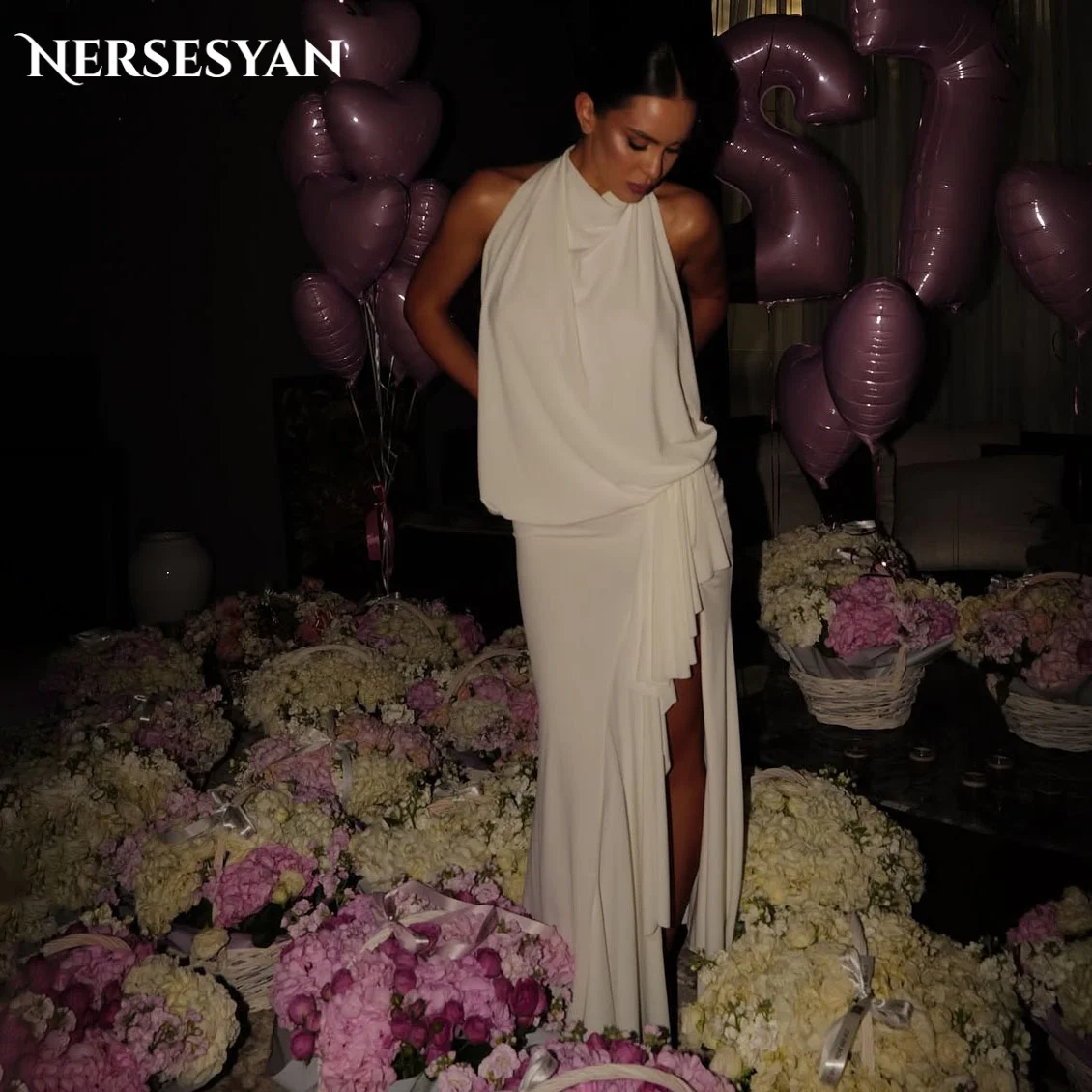 

Nersesyan Роскошные платья для выпускного вечера с открытыми плечами и разрезом по бокам Вечернее платье с оборками для дня рождения платье женское по индивидуальному заказу