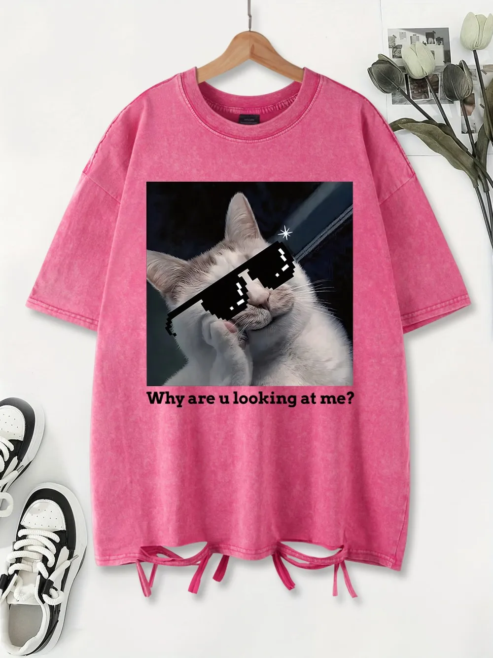 

Why Are U Looking At Me？ Printed Washed T Shirts Womens Cotton T-Shirt Distressed Oversize O-Neck Tops Trend Womans Streetwear