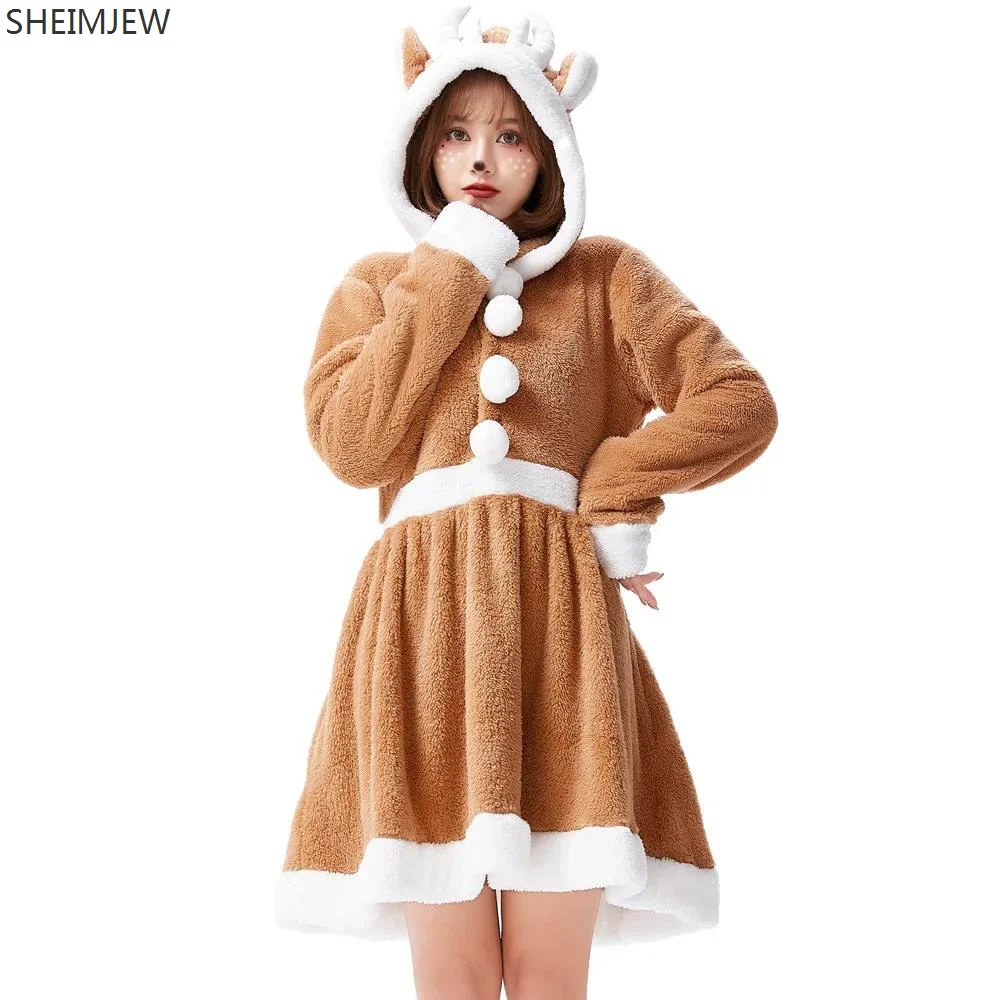 

2024 Women Christmas Cute Reindeer Short Dress Cute Elk Cosplay Animal Costume Khaki Sleepwear Night Skirt Loose Pajamas