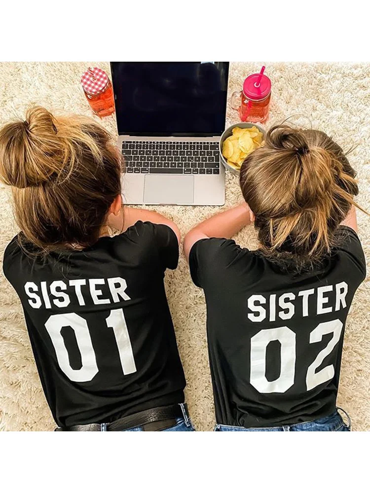 Women Fashion Summer Casual Best Friends T Shirt SISTER 01 SISTER 02 Tees Shirt Short Sleeve Sister Matching Outfit Female Tops