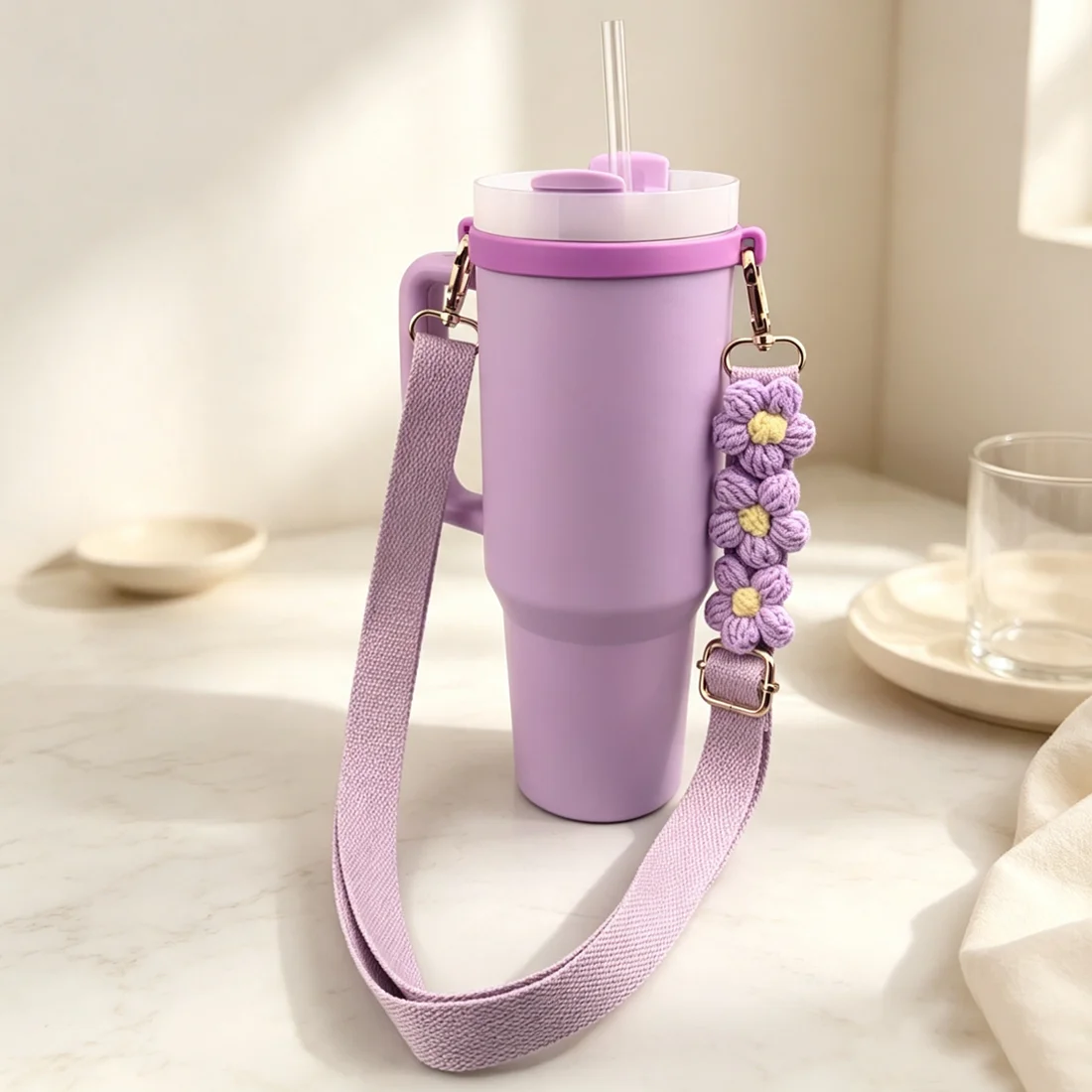 Water Bottle Handle Strap Ajustable Crossbody Length Shoulder Lanyard for Stanley 18-40 Oz Tumbler Cup Premium Braided, Comfort