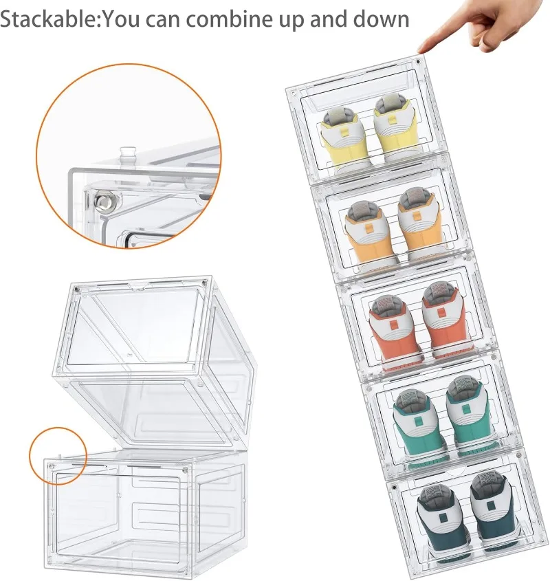 Caixa De Armazenamento De Sapato Empilhável De Plástico Transparente, 6 Pack Organizer, Caixa De Plástico Duro