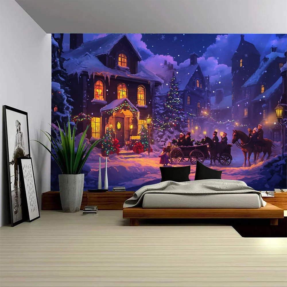 Christmas tapestry Christmas wood board Snow scene Elk print Large size tapestry wall hanging Christmas home decoration
