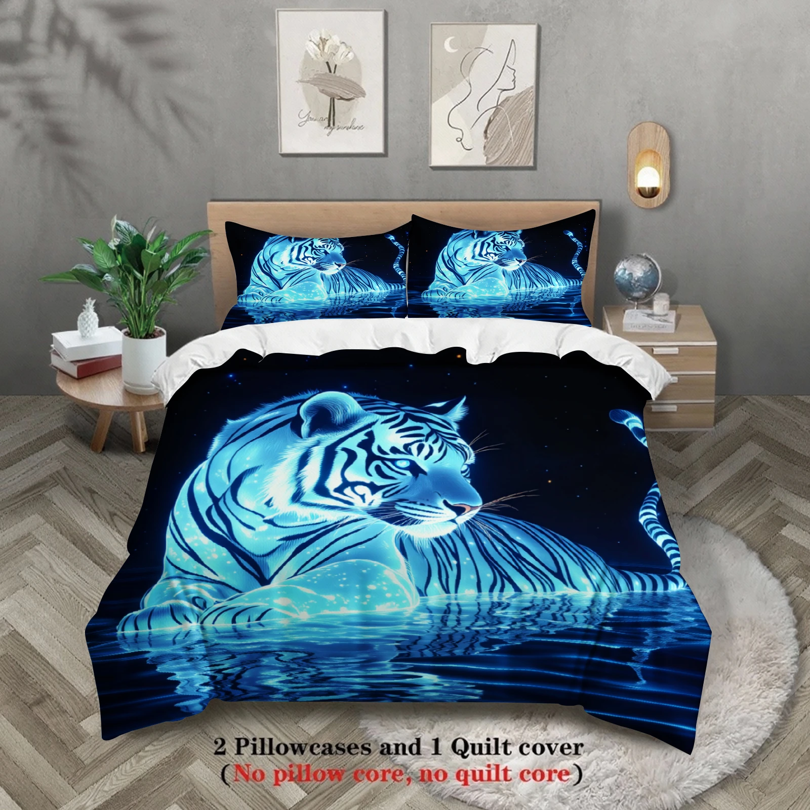3pcs Tiger Bedding Sets 3D Printed Blue Tiger Pattern Wrinkle Resistant Breathable Duvet Cover Sets With Pillowcases No Filling
