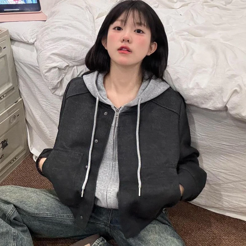Gray American Design High-End Loose Short Baseball Retro Casual Woolen Jacket Top Women's Fashion Autumn Winter Thickened Coat