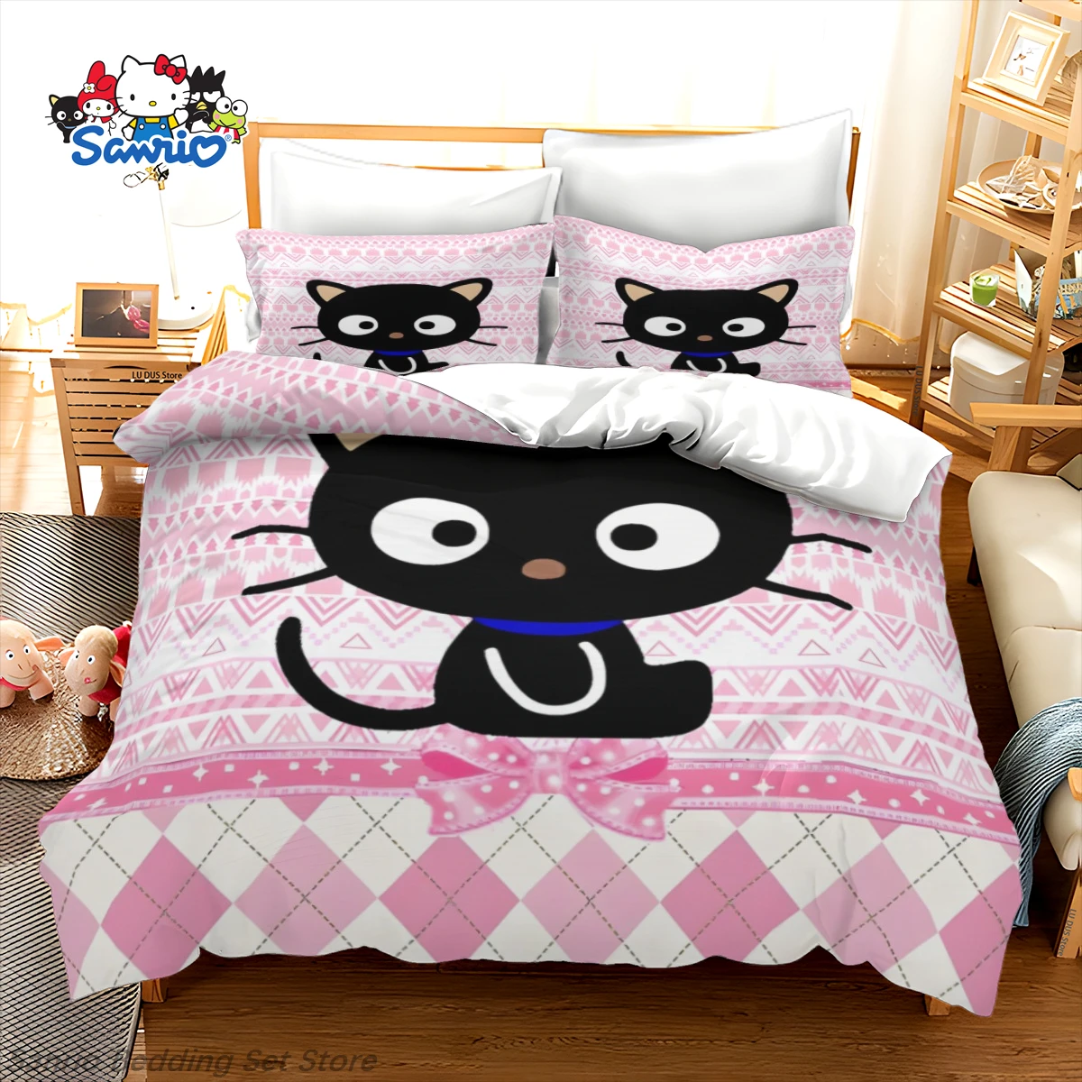 

Cute Sanrio Chococat Duvet Cover Set with Pillow Shams Kawaii Cartoon Bedding Set for Kids Girls Teens Comforter Cover No Sheet