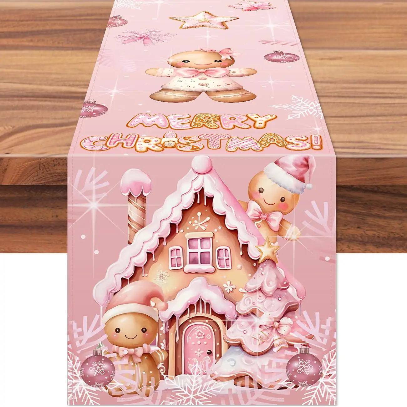 Pink Vintage Christmas Table Runner Winter Gingerbread Candy Cane Merry Xmas Seasonal Kitchen Dinning TableRunner for Home Decor
