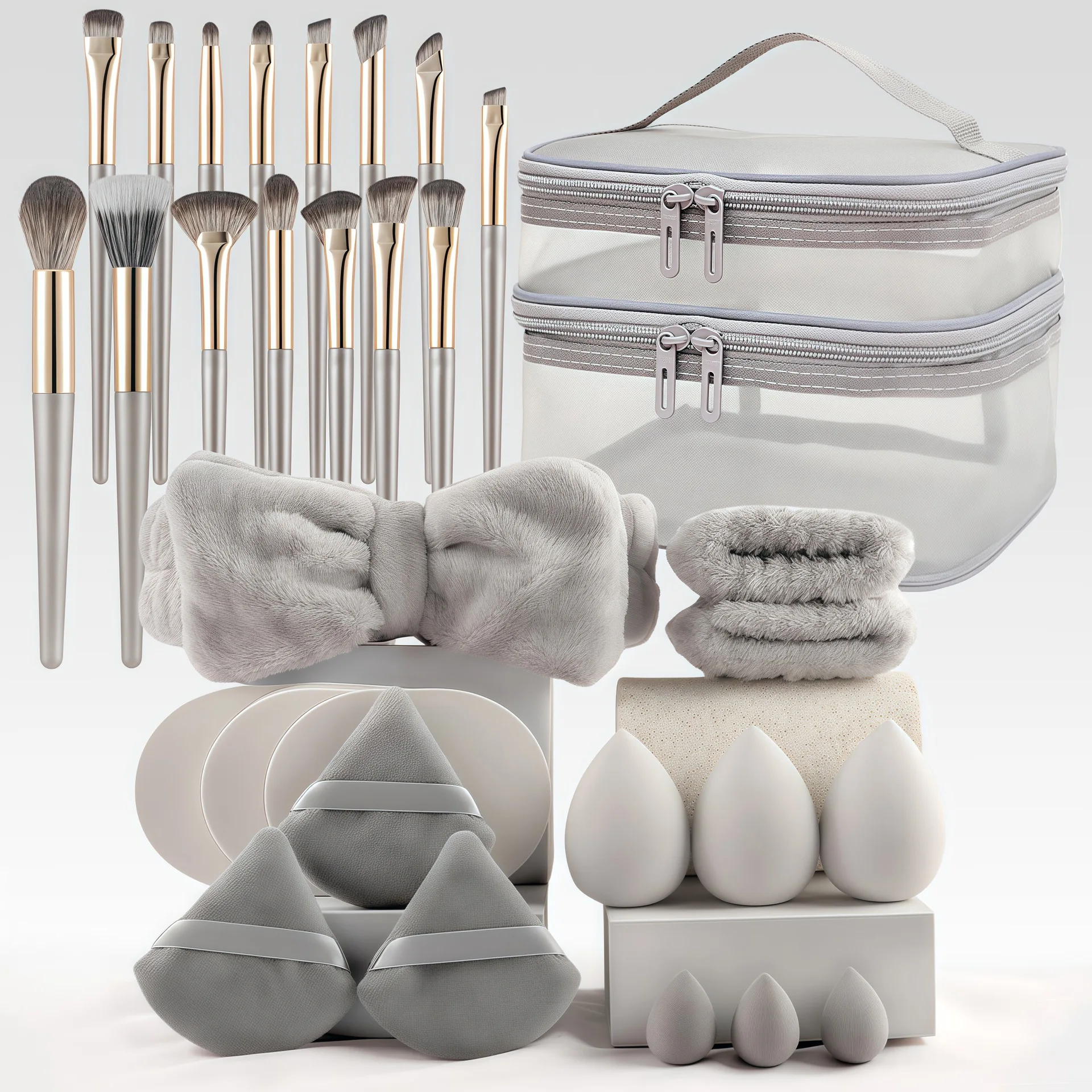 Professional Gray Makeup Brush Set 31 Pcs Soft Flocking Powder Puffs Triangle Sponges with Double-Layer Travel Case Organizer