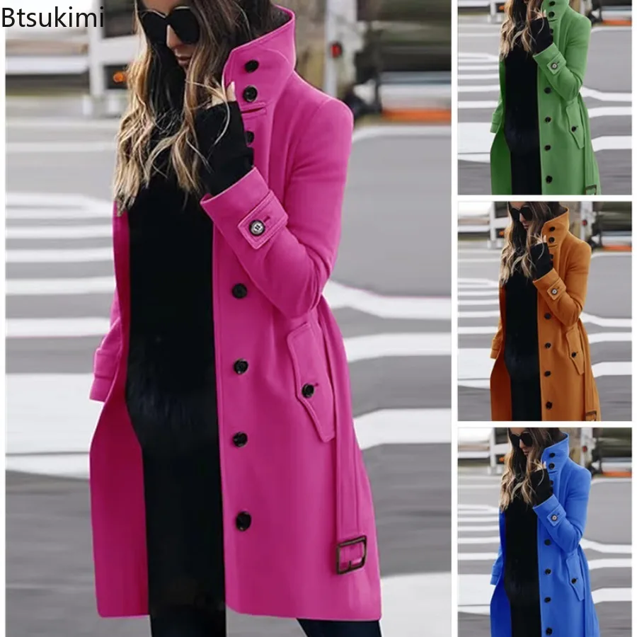 

Women's Solid Color Button Long Wool Coat Autumn Warm Stand Collar Women Coat Fashion Ladies High Neck Pocket Belt Trench Coat