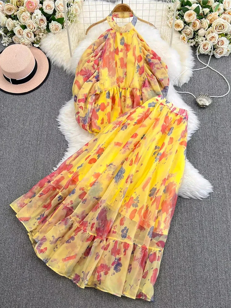 Summer Women Floral Two Piece Set Sexy Green/Pink/Yellow/Rose Red Halter Sleeveless Ruffle Tops + Long Skirt Suit Beach Vacation