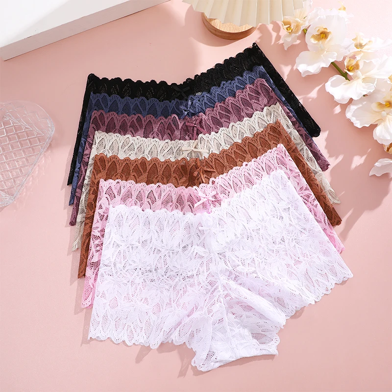 2Pcs/Set Sexy Lace Four Shorts Women Low-Rise Panties Floral Underwear S-XL Girls Sexy Panties Ladies Transparent Underpants