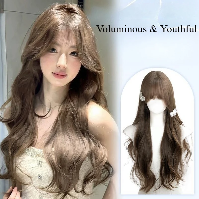 

Women's synthetic wig with a sophisticated milk tea gray-brown color, and a long,natural-looking layered style for daily wear.