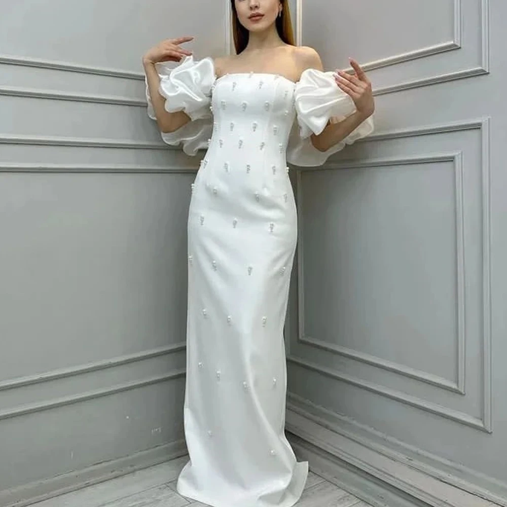 

White Pure color Satin Short Sleeves Off the Shoulder Floor Length Straight Evening Dress Sexy Pleats Pearls Saudi Arabia Women