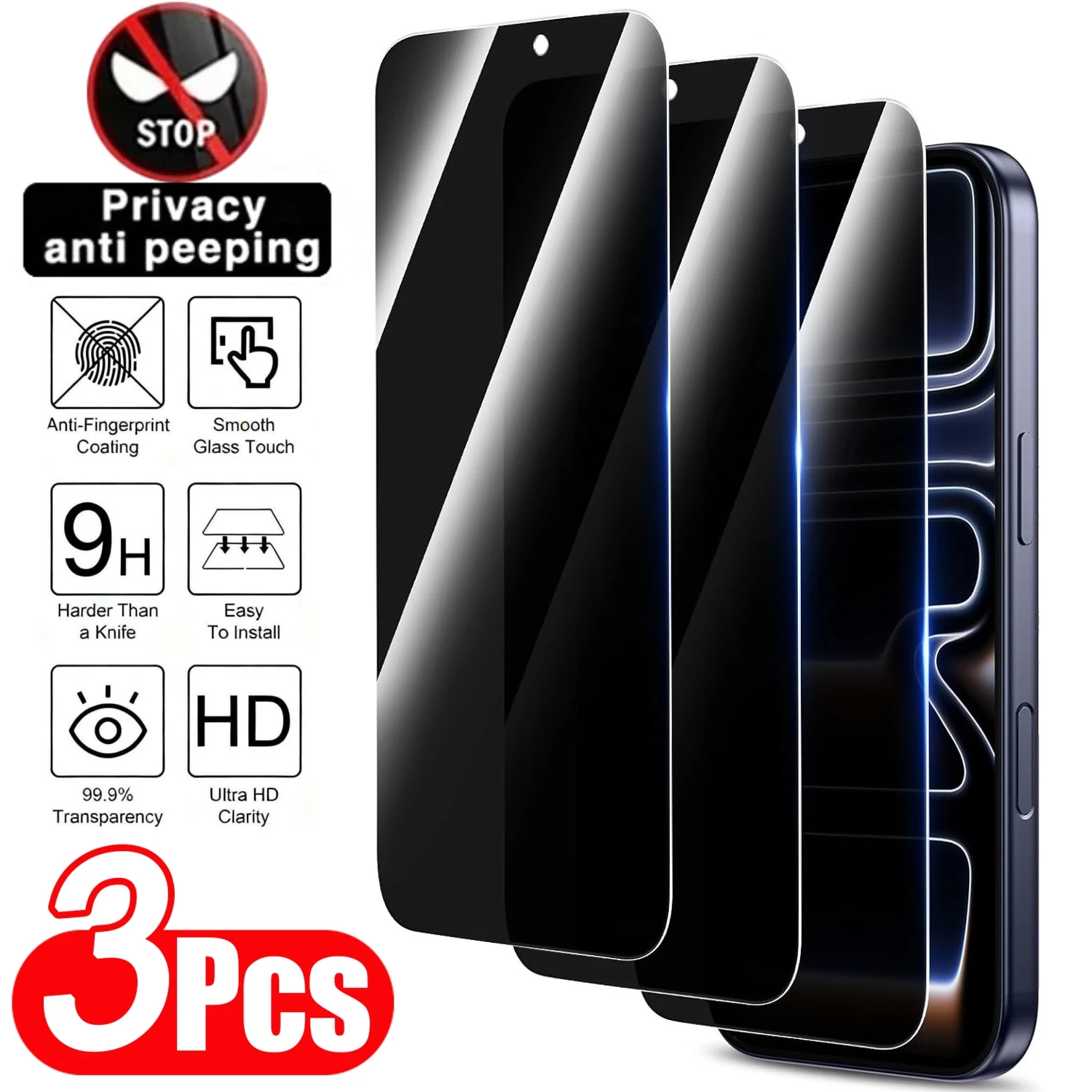 3er-Pack Anti-Spionage Displayschutzfolie für iPhone 11 12 13 14 15 16 17 Pro Max 14 15 16 Plus 16e 17 Air 17e – Blickschutzfolie aus gehärtetem Glas