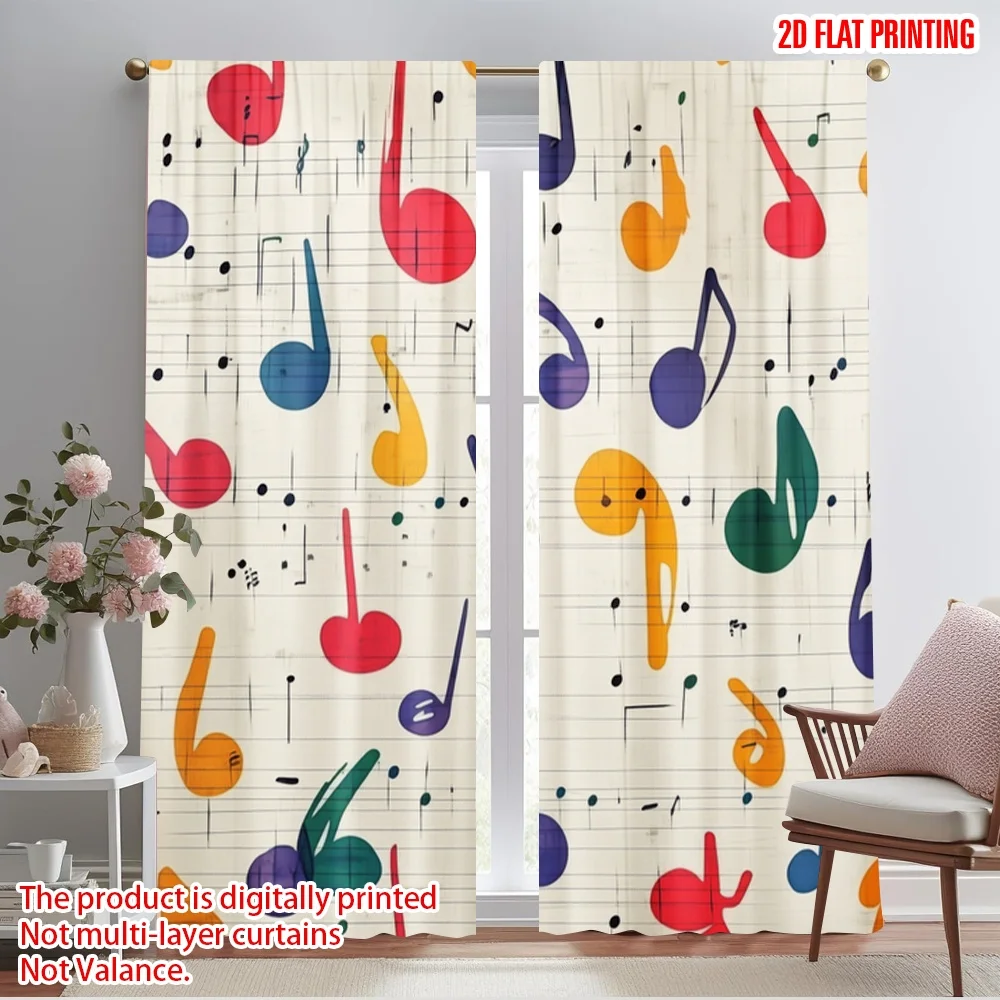 2pcs,2D plane printing Creative Curtains Colorful Notes Harmony Polyester Fabric (without rod) Versatile All Perfect for