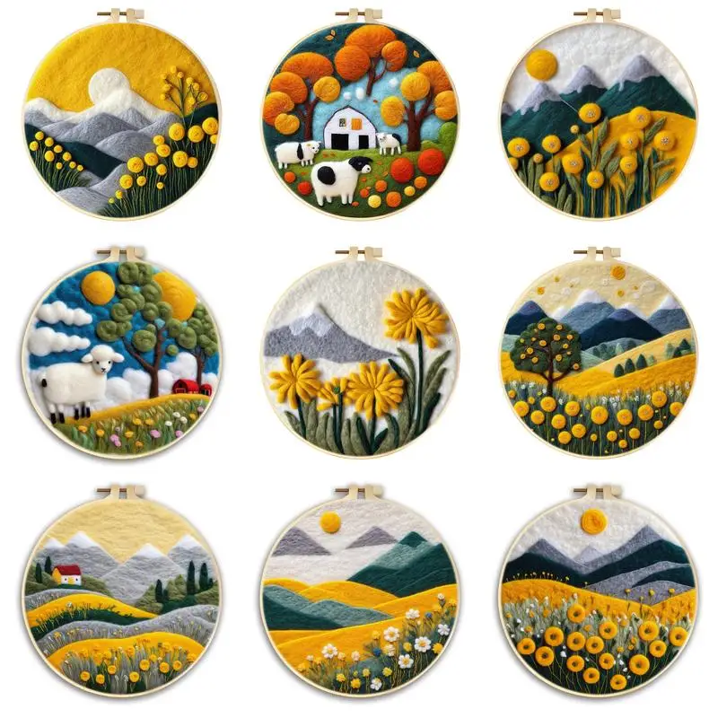 SDOYUNO Wool Felting Kit Stitch Landscape Yellow Flowers Colors Needle Felt Beginner Kit Wool Burlap Set Crafts Embroidery Frame