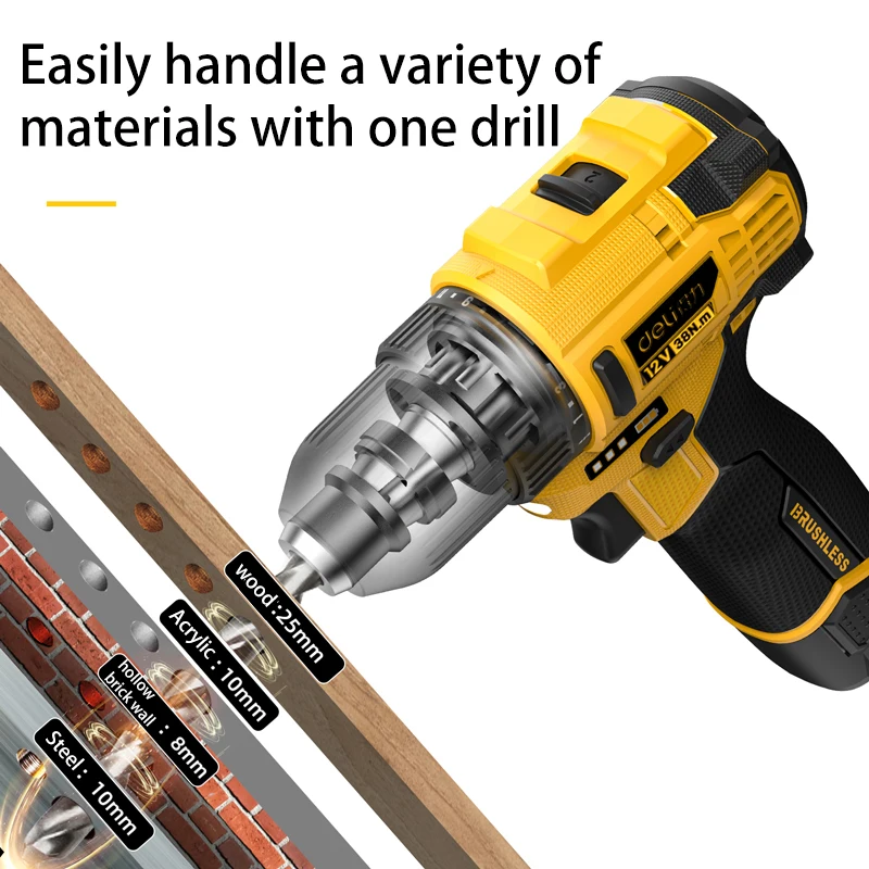 Deli 12V Cordless Drill Rechargeable Electric Screwdriver Dual Lithium Battery Household Multi-functional Power Tools