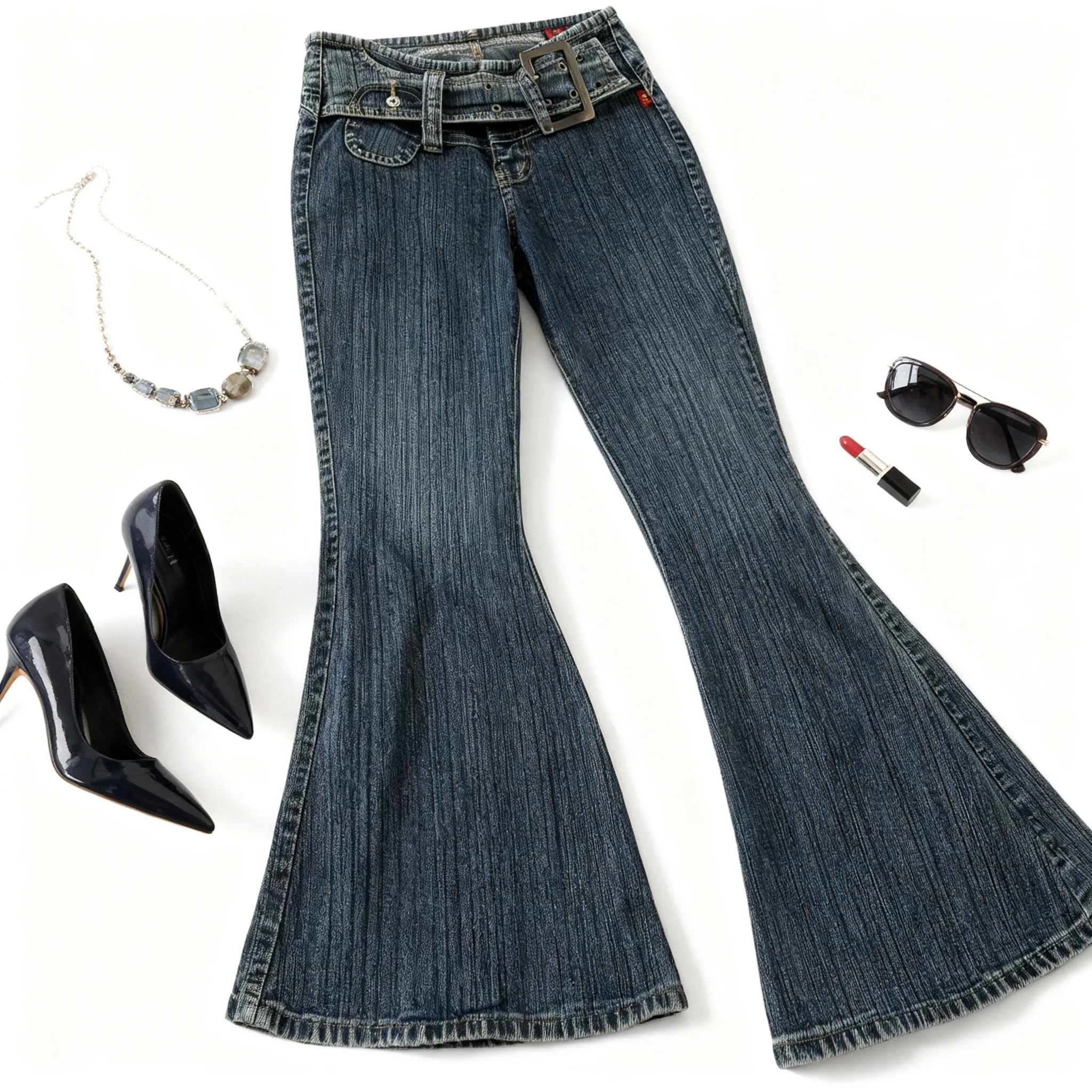 Vintage American Fashion Y2K Jeans for Women Sexy Slim Low-Waisted Wide Leg Denim Trousers Female Streetwear Flared Jean Pants