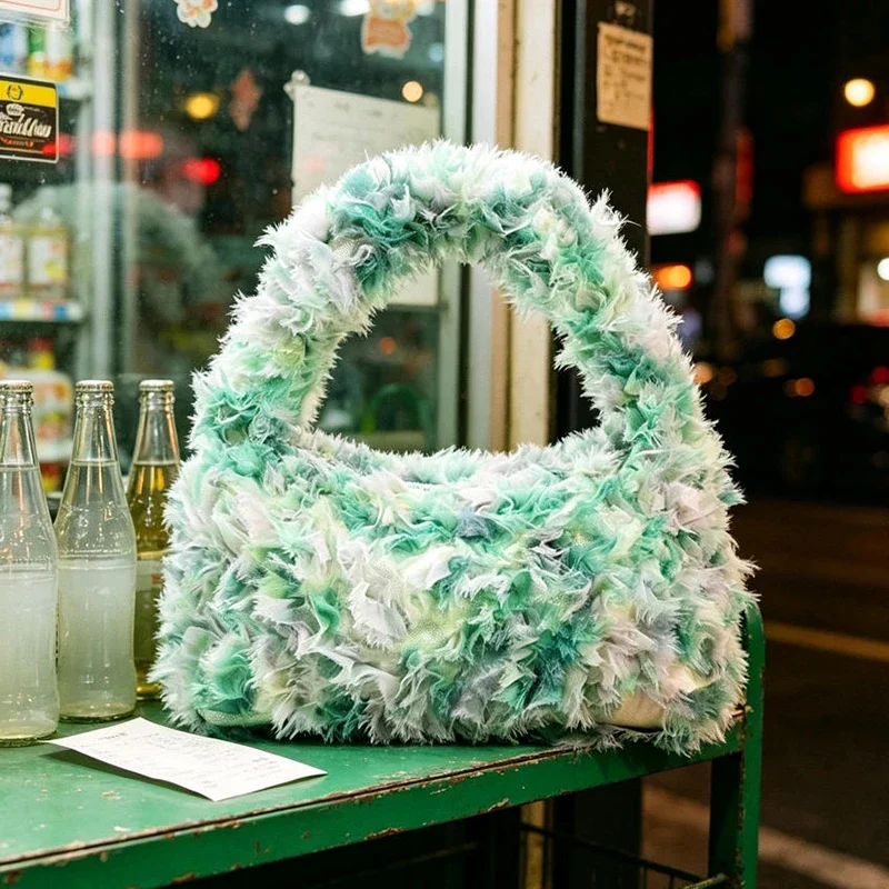 Luxury Color-block Plush Handbag Sweet Y2k-style Soft Long-pile Petal-detail Clutch Stylish Small Handbag For Dates And Parties