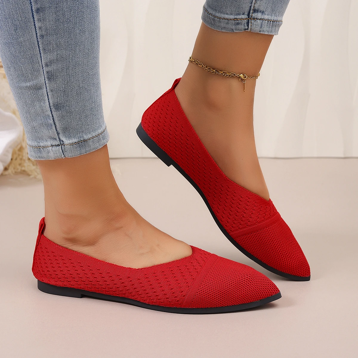 Women's Shoes 2026 Spring and Summer New Knitted Design Mesh Breathable Casual Simple Pointed Toe Flat Shoes Zapatillas Muje