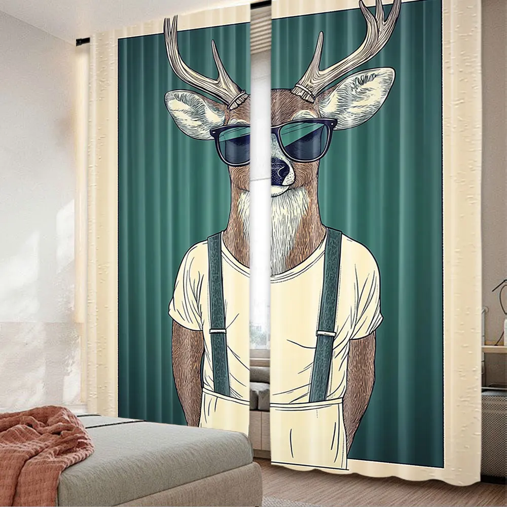 2Pcs Antlers Curtain Drawing Of Deer Dressed Up Modern Cool Hipster Fashion Creative Funny Animal Art Curtain A