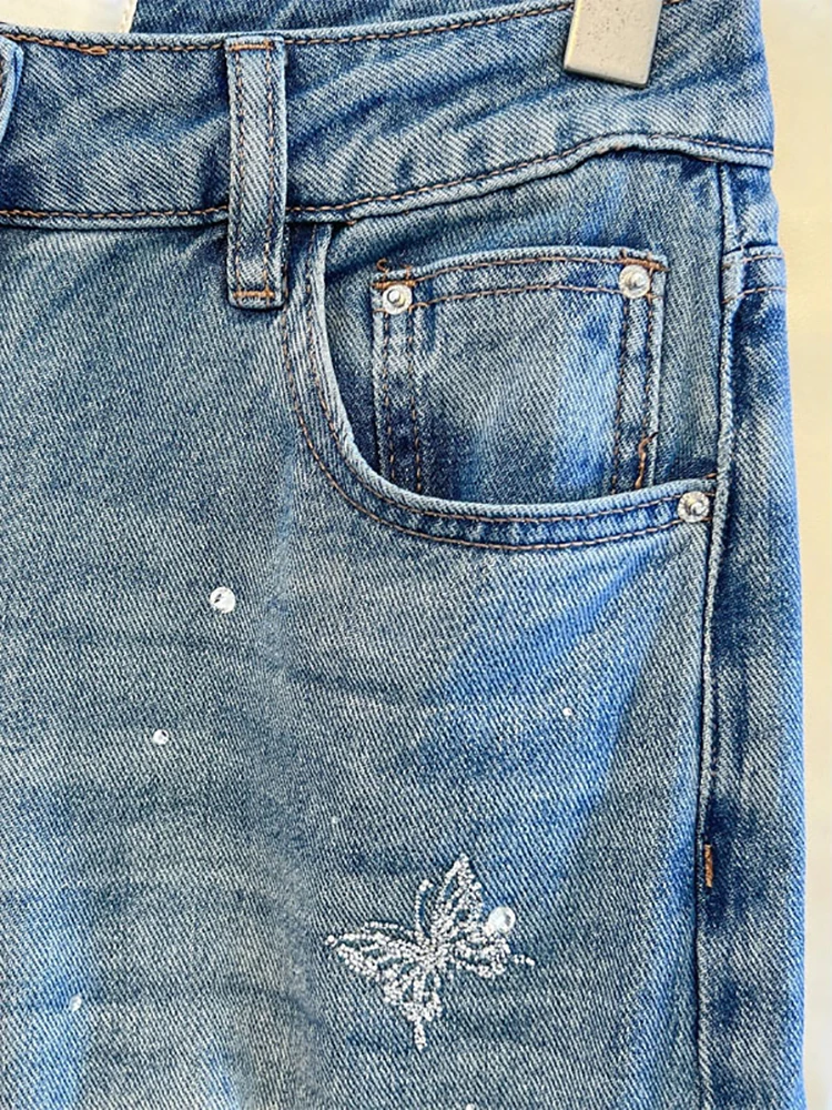 

Женские джинсы с бабочкой и стразами, прямые джинсовые брюки с высокой талией, американские повседневные модные осенние женские блестящие брюки