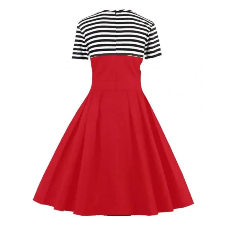 فستان عتيق بأكمام قصيرة أسود أبيض مخطط علوي س الرقبة سستة الظهر تي شيرت فساتين ألف خط الأحمر تقسم هيم ميدي التنانير غير رسمية