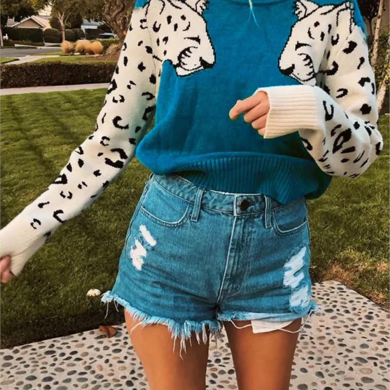 Nuevos suéteres de Otoño Invierno, Tops holgados informales a la moda de estilo callejero con patrón de animales, jersey de cuello redondo de manga larga, ropa