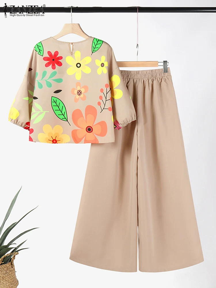 Bohemain Trousers Suit Women 3/4 Sleeve Blouse Wide Leg Pants Sets Vintage Matching Sets 2024 ZANZEA Summer Printed Tracksuits