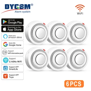 6Pack Tuya WiFi Smart Smoke Sensor Smartlife APP Control Smoke Alarm 85dB On Site Alarm Supports Alexa & Google Assistant