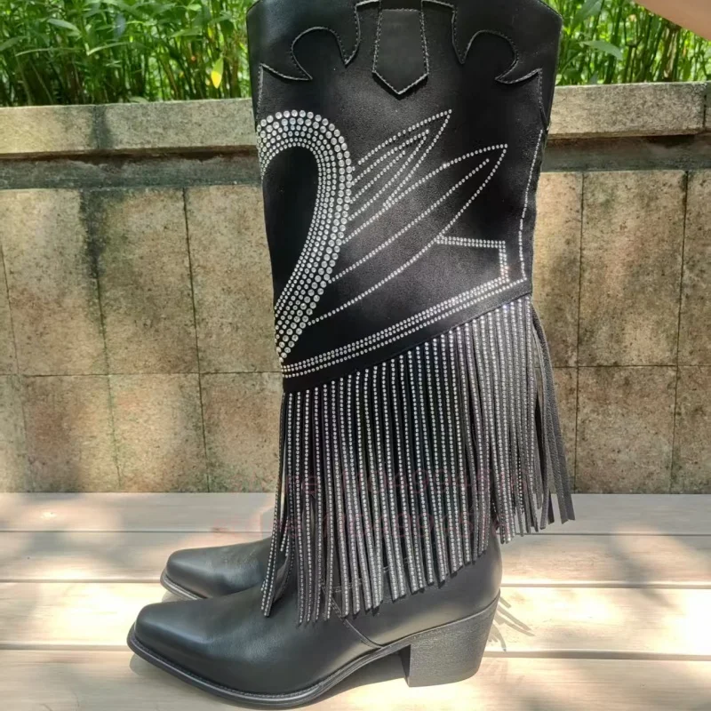 Women Embroidery Tassels Wedge Boots Shiny Crystal Swan Pattern Leather Knee High Boots Lady Party Luxury Fashion Western Shoes