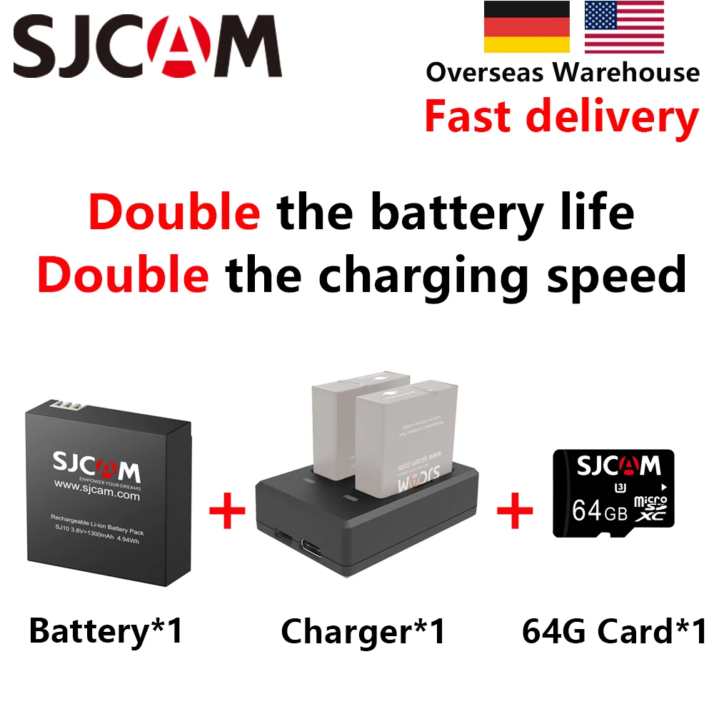 

SJCAM для экшн-камеры SJ10 SJ6 SJ4000 A10, новые официальные аксессуары, двойное зарядное устройство, 64G TF-карта, длительный срок службы батареи