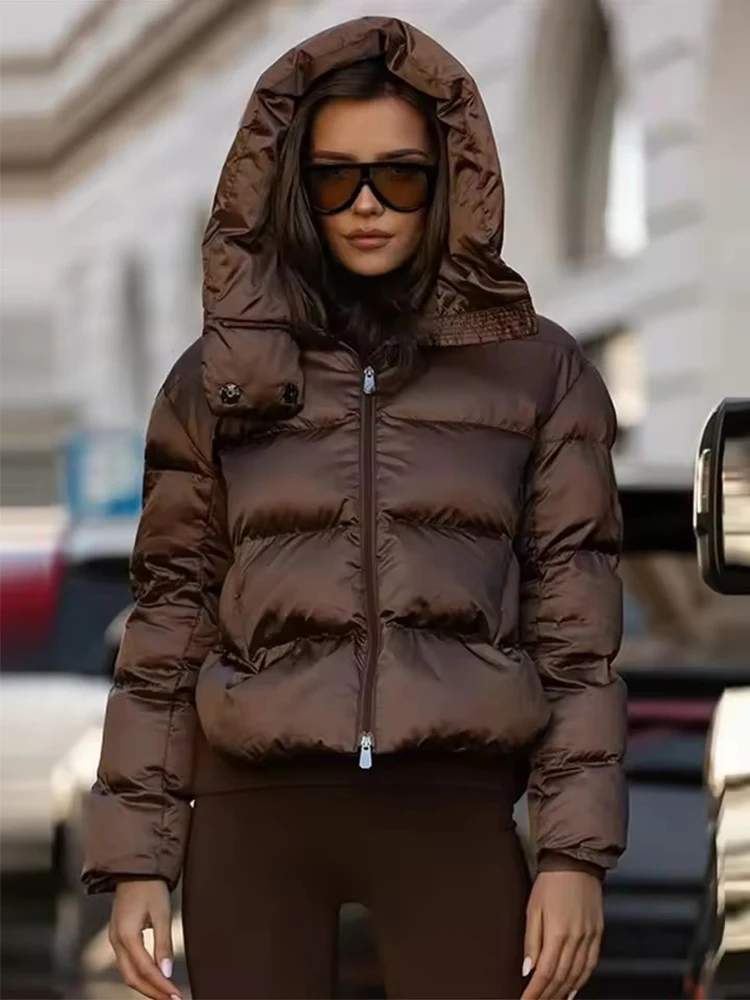 

Женская зимняя куртка 2025: Новая модная коричневая парка с капюшоном на молнии, элегантная, теплая, для отдыха